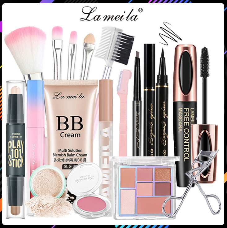 LAMEILA 13-piece set of BB cream + Loose powder + Eye shadow + Eyebrow pencil + Eyeliner + Mascara + Highlight contour pen + Lipstick + Blush + Eyelash curler + Eyebrow trimmer + Makeup brush + Concea